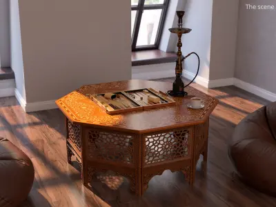  Oriental Wooden Table with Hookah and Backgammon 