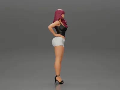 Asian girl posing in shorts next to a car 3D print model
