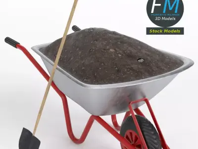 Wheelbarrow with soil and shovel 3D model