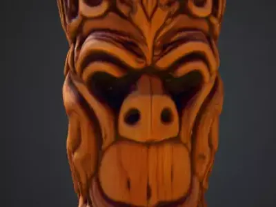 Twisted Wooden Totem with Grotesque Abstract Faces Low-poly 3D model