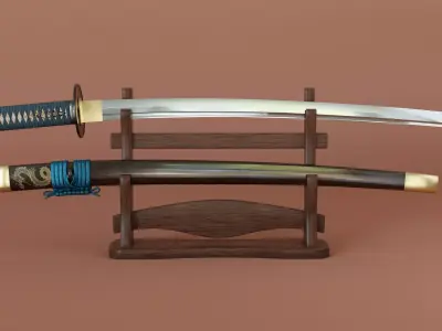 catana set with saya and stand low-poly PBR Low-poly 3D model