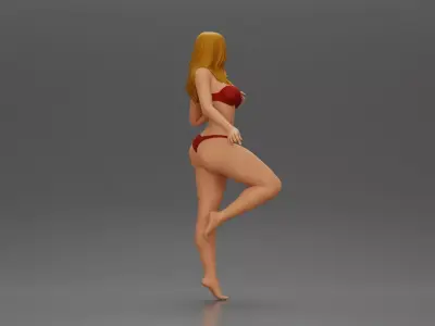 Stylized female figure posed dynamically in minimal attire 3D print model