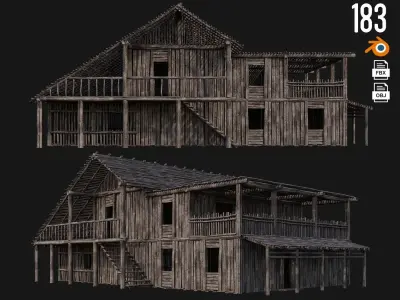 4 Old Wooden Buildings Pack 4K Textures GameReady 181 to 184 Low-poly 3D model