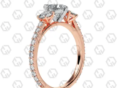 Ring 124 Heart cathedral pave set shank 3 stone ring 3D print model