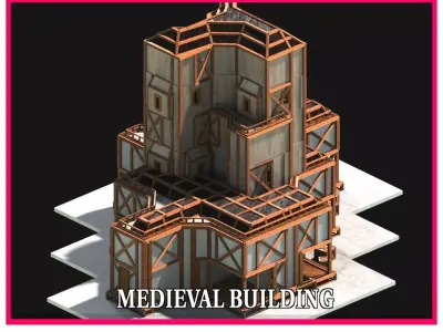 Medieval Low Poly Building Castle Wooden Village Stone House 09 Low-poly 3D model