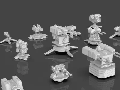 Turret and AA Gun Defense Pack - 2 - 15 Props - Untextured Low-poly 3D model