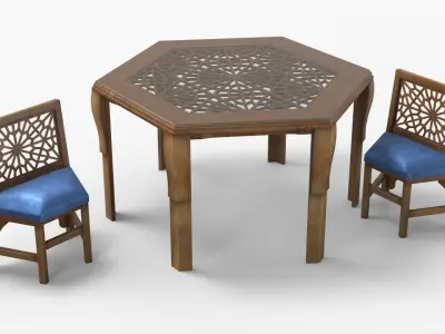 Arabic Wooden Table with Blue Cushioned Chairs 3D model