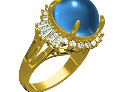 Antique Cabochon Stone Round and Baguette Diamond Cluster Ring 3D print model