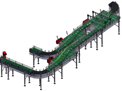 Complex multi-segment chain conveyor line 3D model