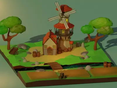 Windmill paper and trees 3D model