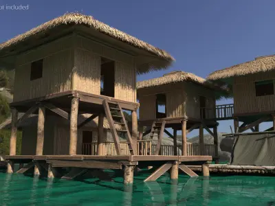 Two-Level Bamboo Hut with Thatched Roof 3D model