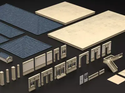 CLASSIC EUROPEAN KITBASH 01 MODULAR BUILDING WITH INTERIOR Low-poly 3D model