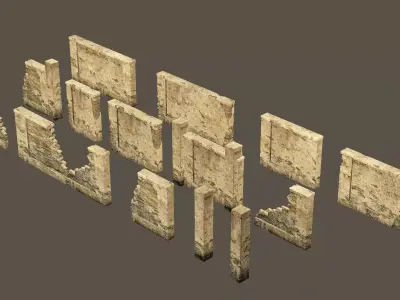 Modular Brick Stone Wall Ruin Set Low-poly 3D Model Low-poly 3D model