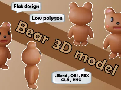 Brown cute bear 3D model flat design  Low-poly 3D model
