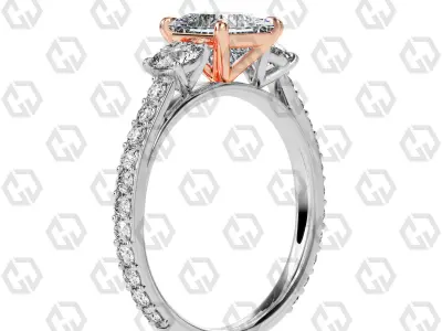 Ring 128 Princess cathedral pave set shank 3 stone ring 3D print model