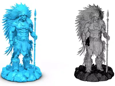 Native american warrior chief with axe high poly resolution 3D model