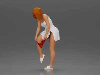 Woman in white towel lifting leg while putting on red underwear 3D print model