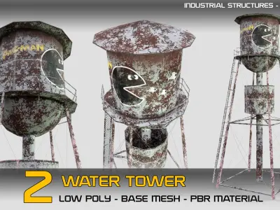 2 Water Towers with PBR material Low-poly 3D model