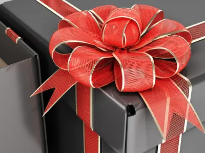 Black cardboard gift box with red bow 3D model