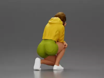 Performer crouching thoughtfully in jacket shorts white sneakers 3D print model