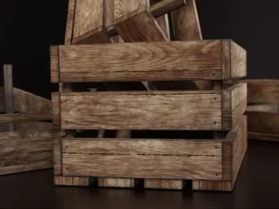 Set of three 3 wooden storage boxes Crate Low-poly  Low-poly 3D model