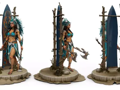 Native american warrior woman with axe high poly resolution 3D model
