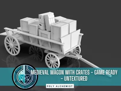 Low Poly Medieval Wagon With Crates - Untextured  Low-poly 3D model
