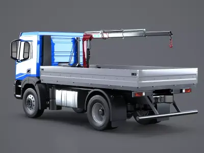 Realistic Flatbed Truck with Loader Crane 3D model