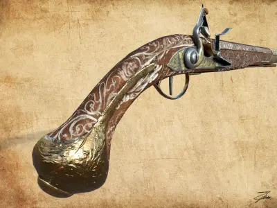 Flintlock pistol Low-poly 3D model 7