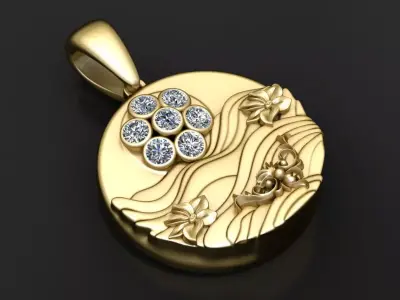 Floral Sun and Waves Medallion Pendant with Diamond Cluster 3D print model