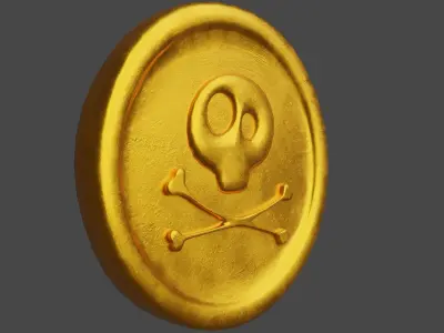 Golden Coin with Pirate Sign as Skull and Bones Low-poly 3D model