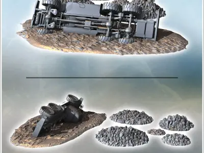 Set of ruins and debris with the carcass of a six-wheeled truck  3D print model