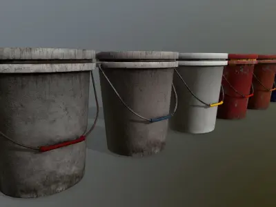 Bucket different colored buckets in row Low-poly 3D model