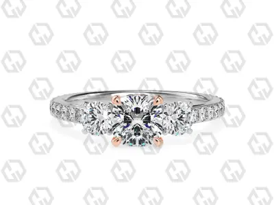 Ring 122 Cushion cathedral pave set shank 3 stone ring 3D print model