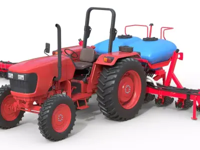 Generic Farm Tractor and Trailed Seed Drill  Low-poly 3D model