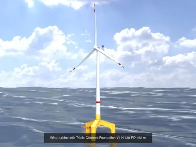 Wind turbines with Tripile Offshore Foundations 3D Model Pack