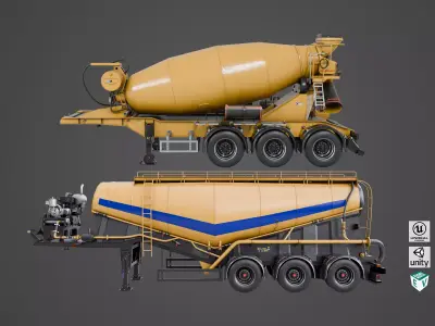 Cement Mixer and Trailer Yellow Rigged All PBR Unity UE Textures 3D Model Pack V1