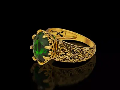 Oval stone antique filigree crown gold silver ring 3D print model
