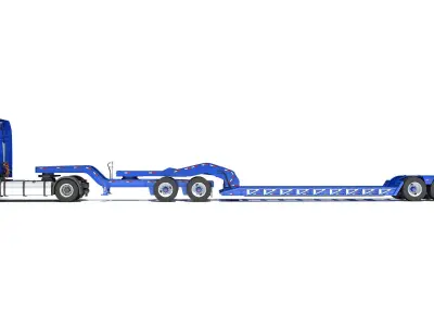 Semi Truck with Lowboy Trailer 3D model 4