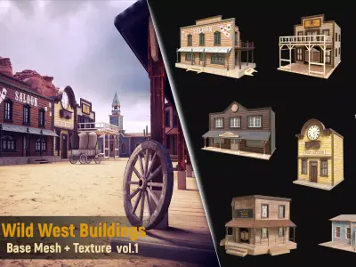 7 Wild West Buildings Base Mesh and Texture   vol 01 Low-poly 3D model
