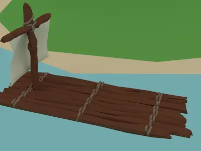 Wooden Raft with island Low-poly 3D model