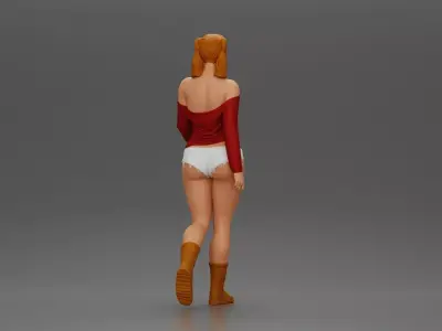 woman walking with purpose wearing top white shorts brown boots 3D print model