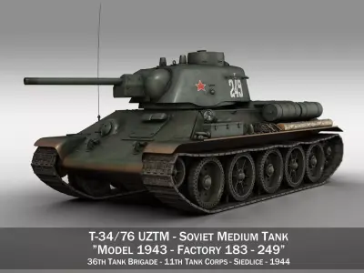 T-34-76 UZTM- Model 1943 - Soviet tank - 249 3D model