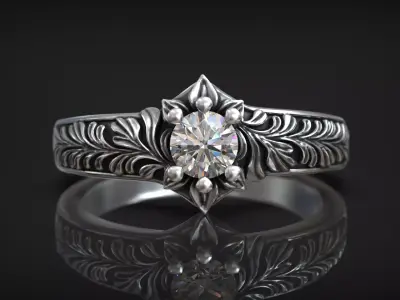 Floral Engagement Ring with Botanical Engraving and Diamond 3D print model