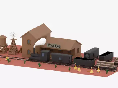 Old Wild West Train and Staion Low-poly 3D model