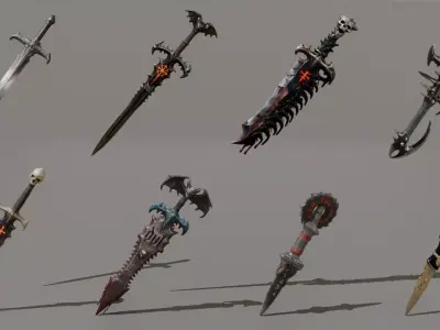 8 Low Poly Dark Fantasy Melee Swords and Scythe Collection 3D Model Pack