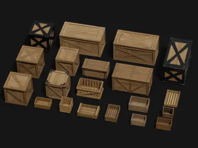 LowPoly PBR 20 Wooden Crates Pack 3D Models Low-poly 3D model