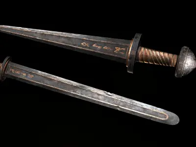 Viking sword and shield with simple ornament Low-poly 3D model