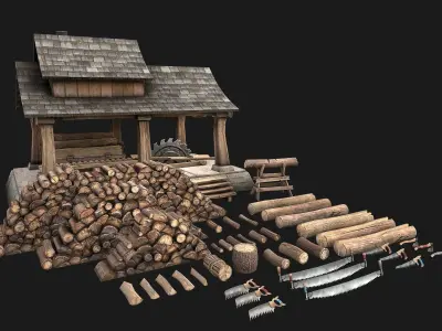 Sawmill and Lumberjack Set Low-poly 3D model