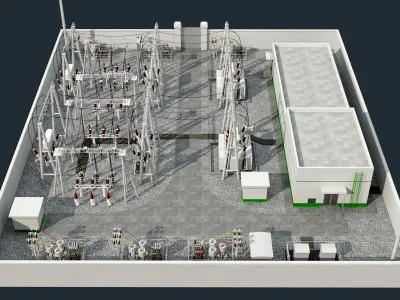 substation power station with wires and poles 3D model